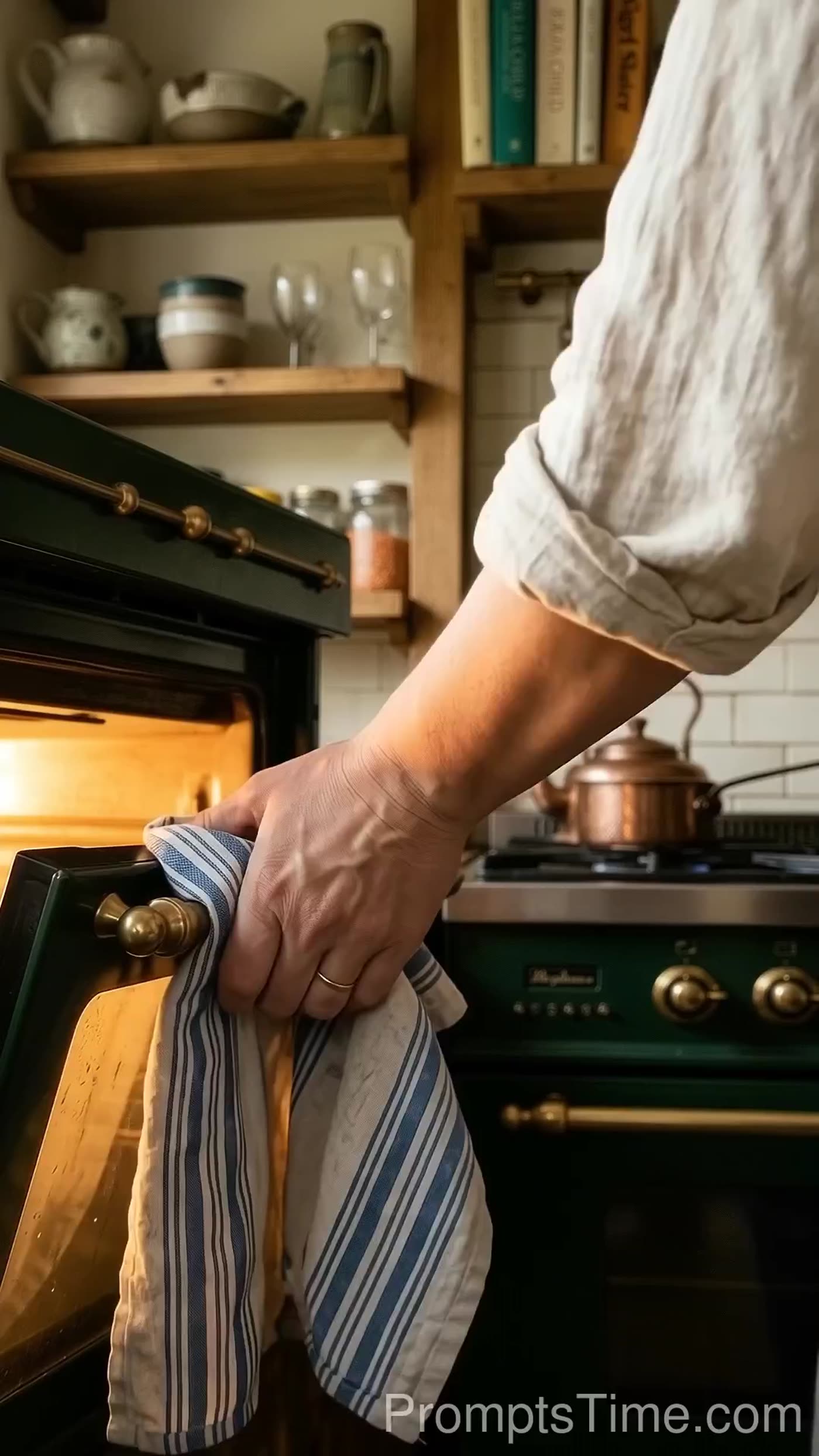 Opening oven with tea towel