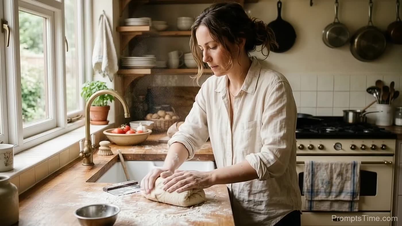 Person kneads dough on table