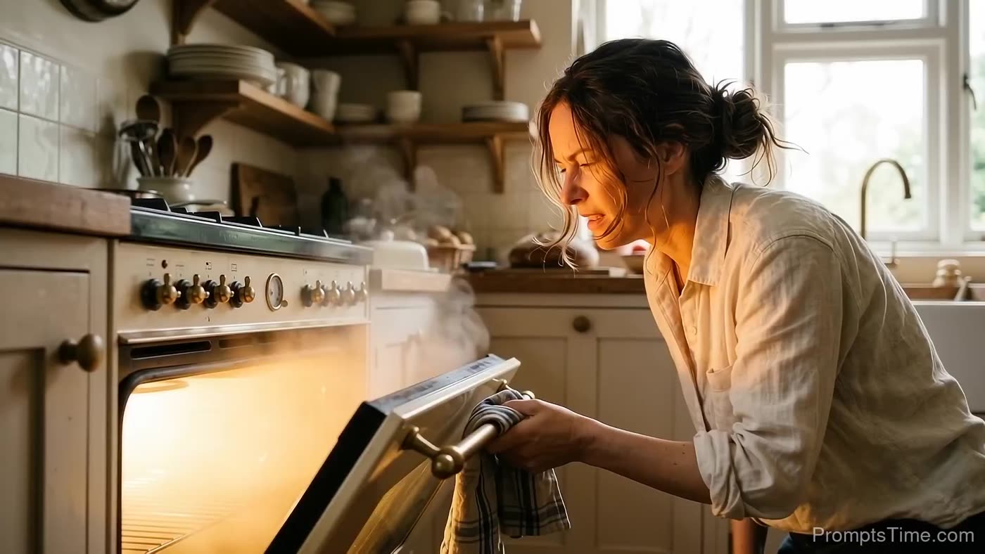 Woman opening oven door