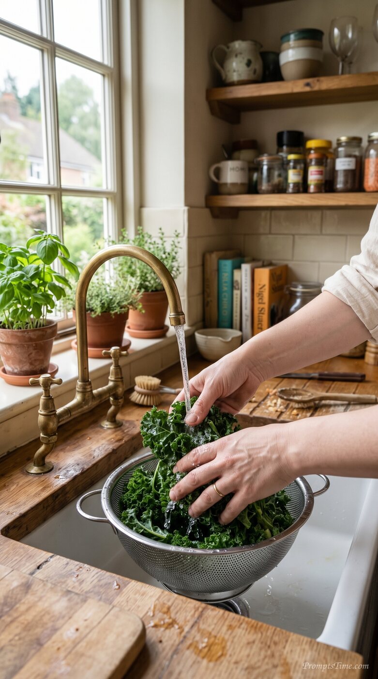 Washing kale in kitchen sink