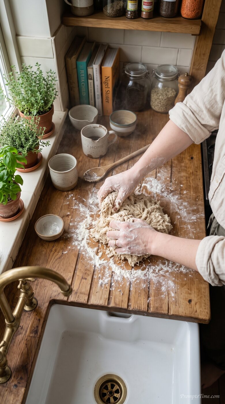 Hands kneading dough on counter