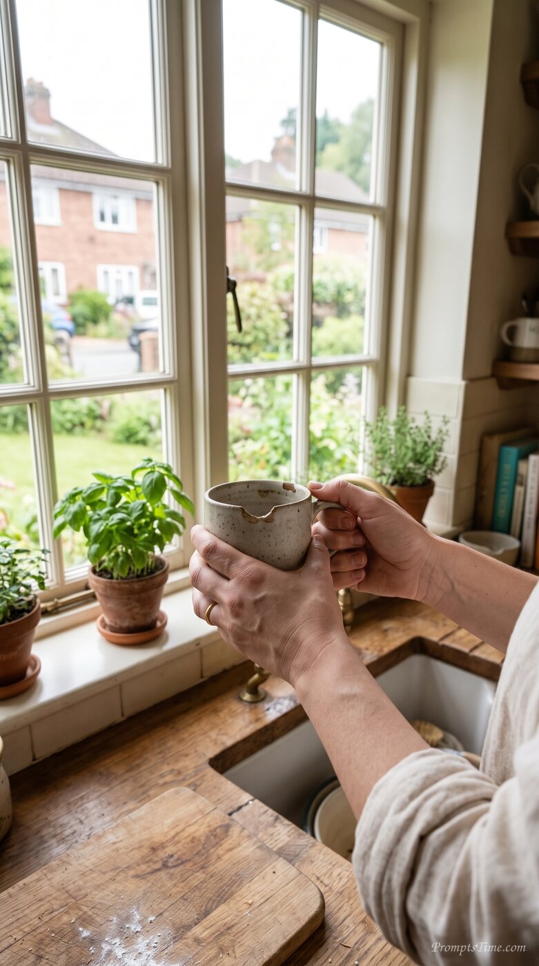 Hands holding chipped ceramic mug
