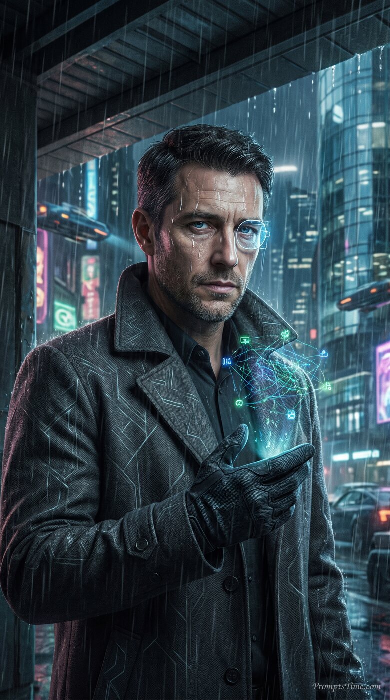 Detective studying holographic clue