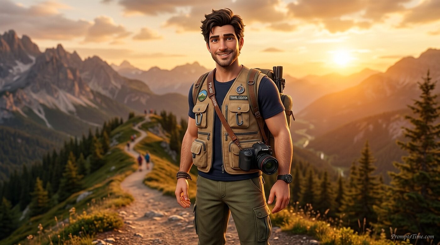 Travel creator smiling with camera — AI-generated images image