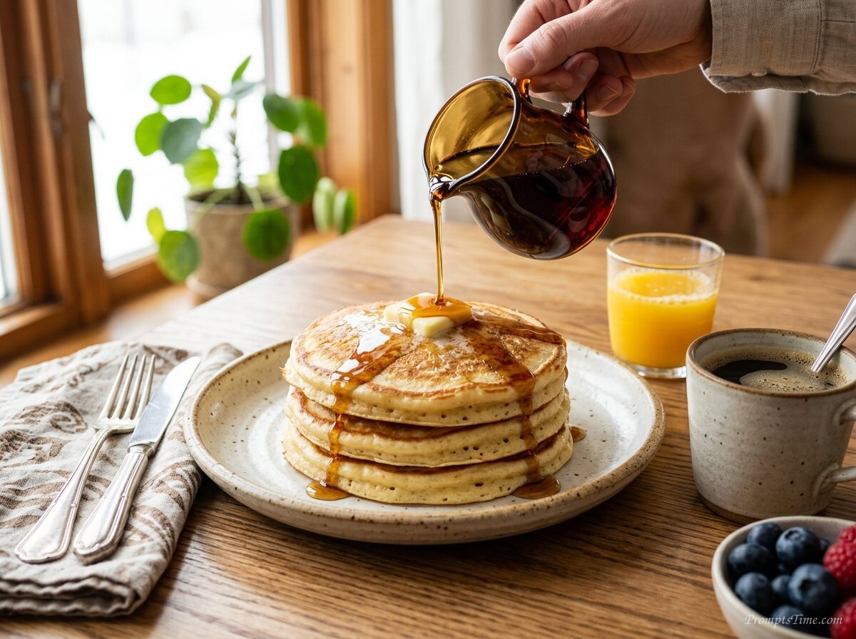 Pouring maple syrup on pancakes — AI-generated images image