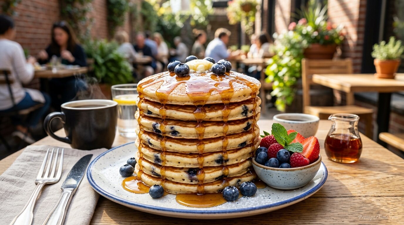 Stack of blueberry pancakes with… — AI-generated images image