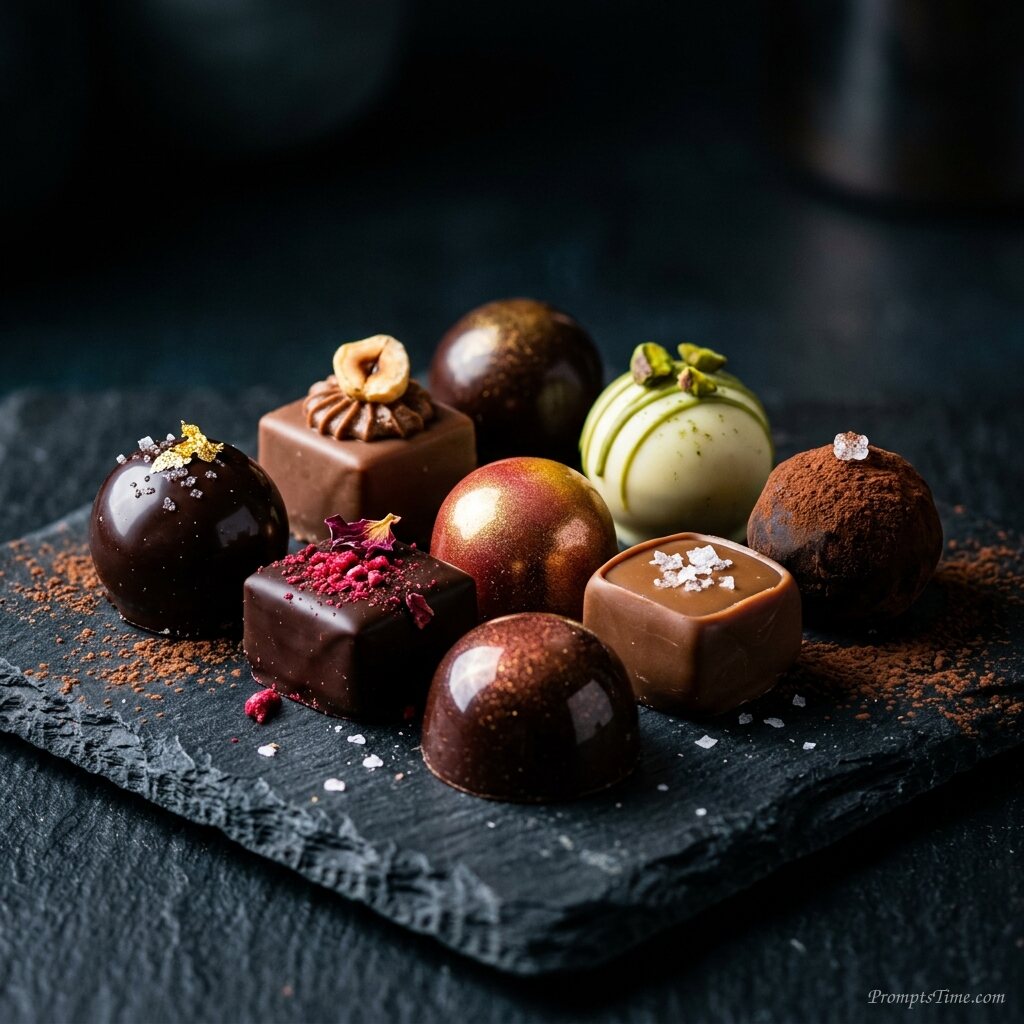 Artisan chocolates on slate board — AI-generated images image