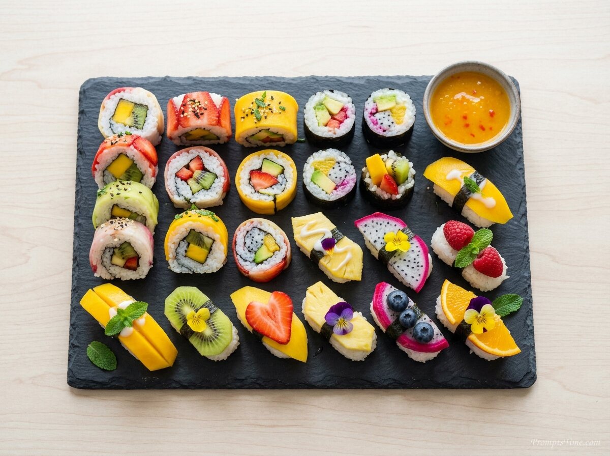 Fruit sushi on slate platter — AI-generated images image