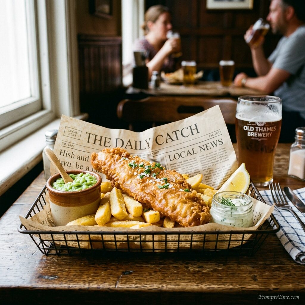 Fish and chips with peas — AI-generated images image