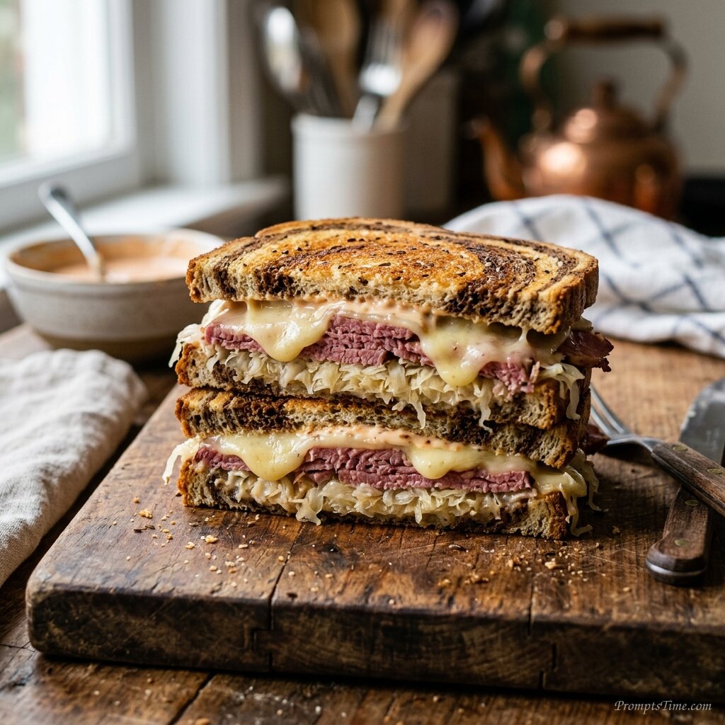 Reuben sandwich on wooden board — AI-generated images image