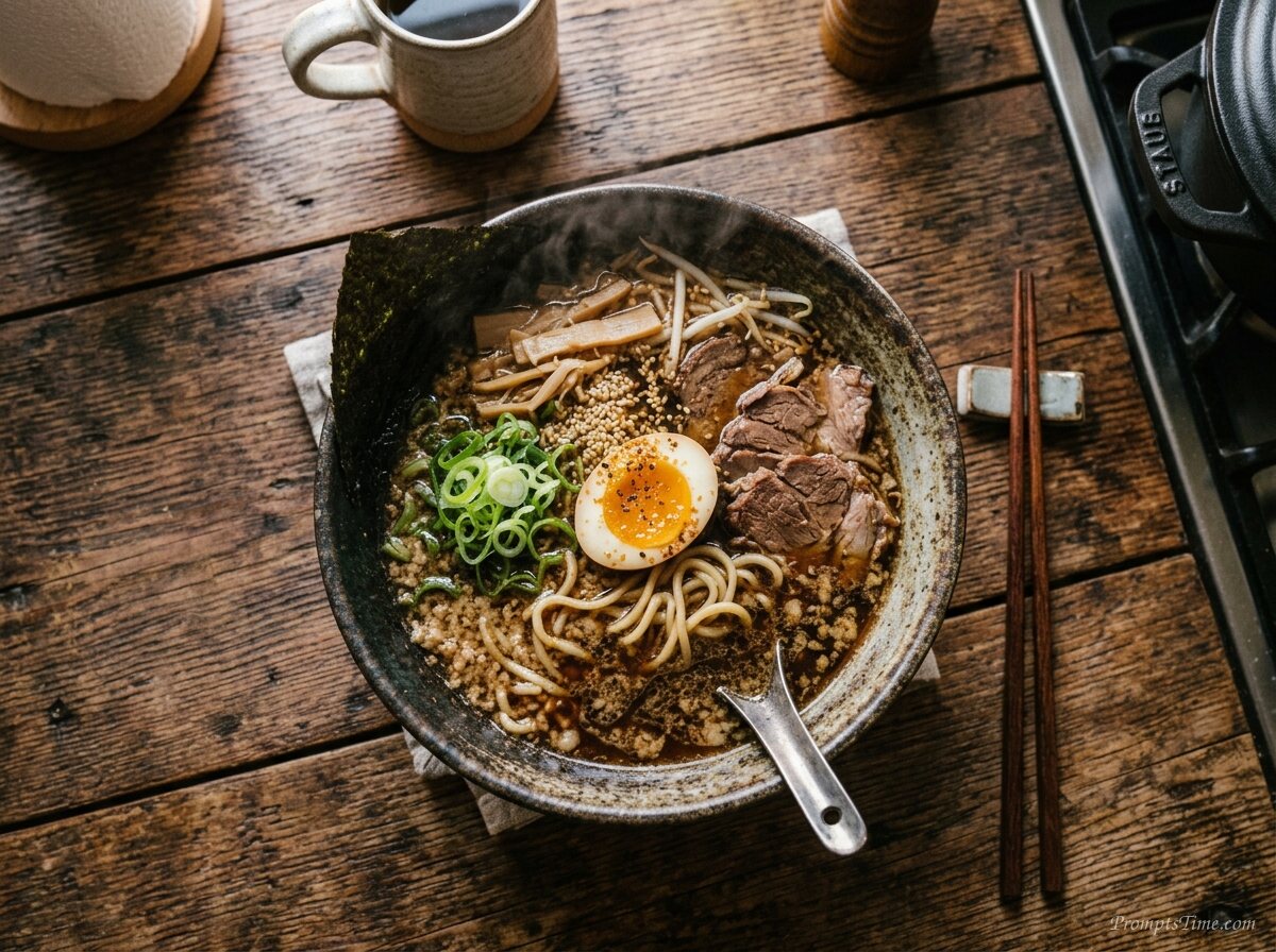 Beef ramen bowl with egg — AI-generated images image