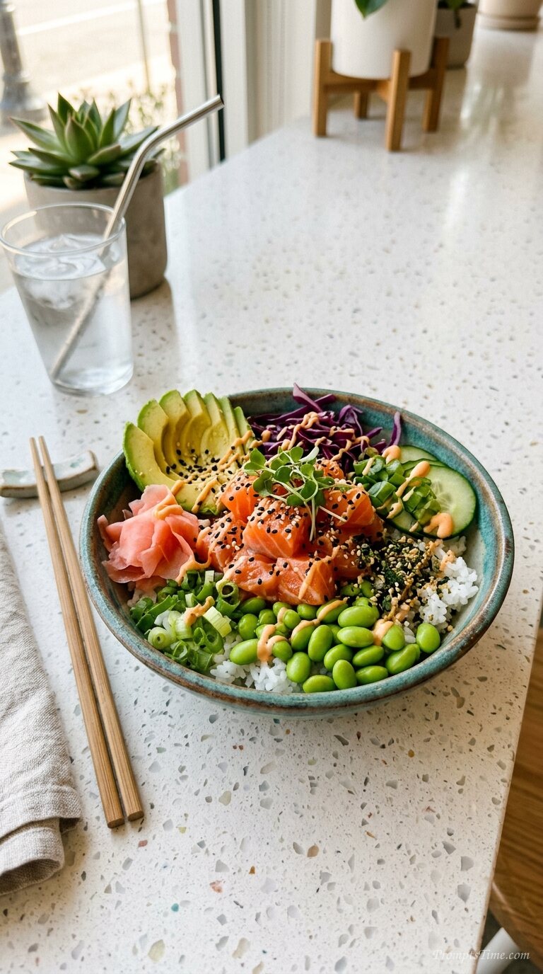 Salmon poke bowl on countertop — AI-generated images image