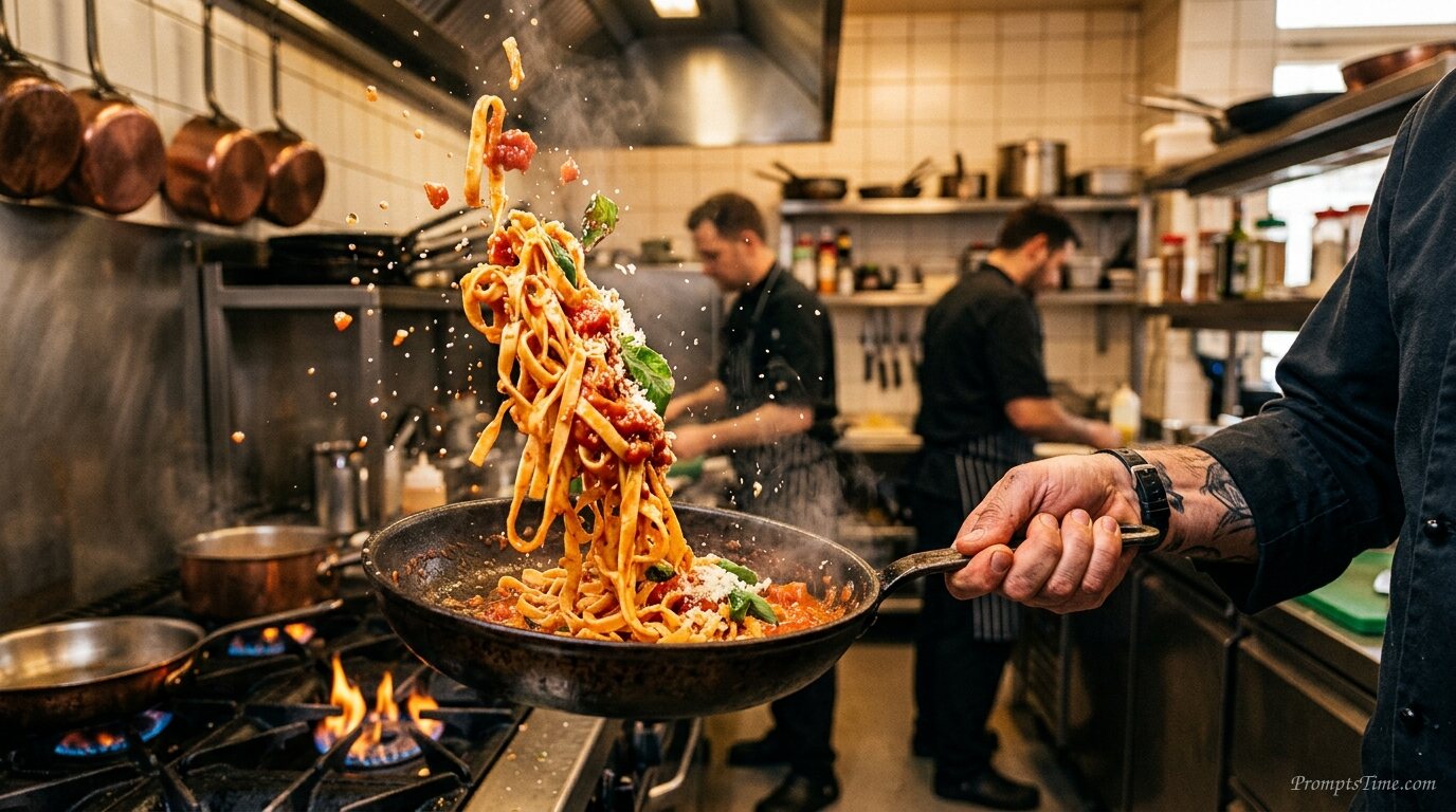 Chef tossing pasta in pan — AI-generated images image