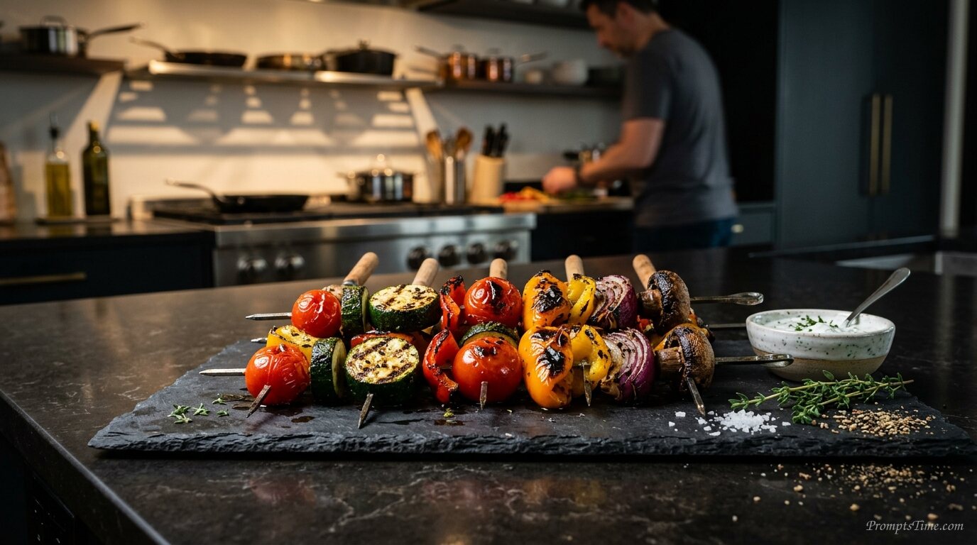 Vegetable skewers on slate board — AI-generated images image