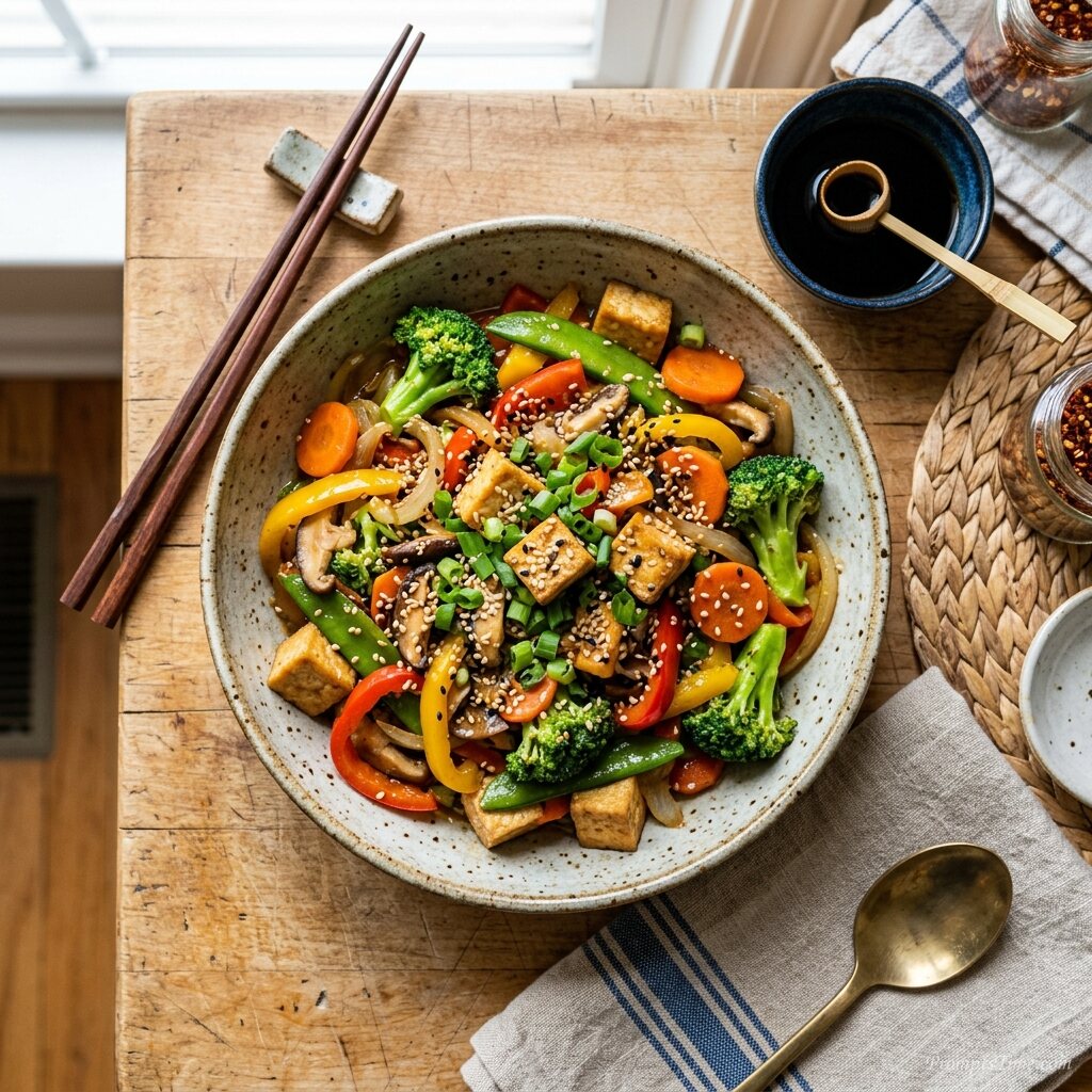 Vegetable stir fry bowl with tofu — AI-generated images image