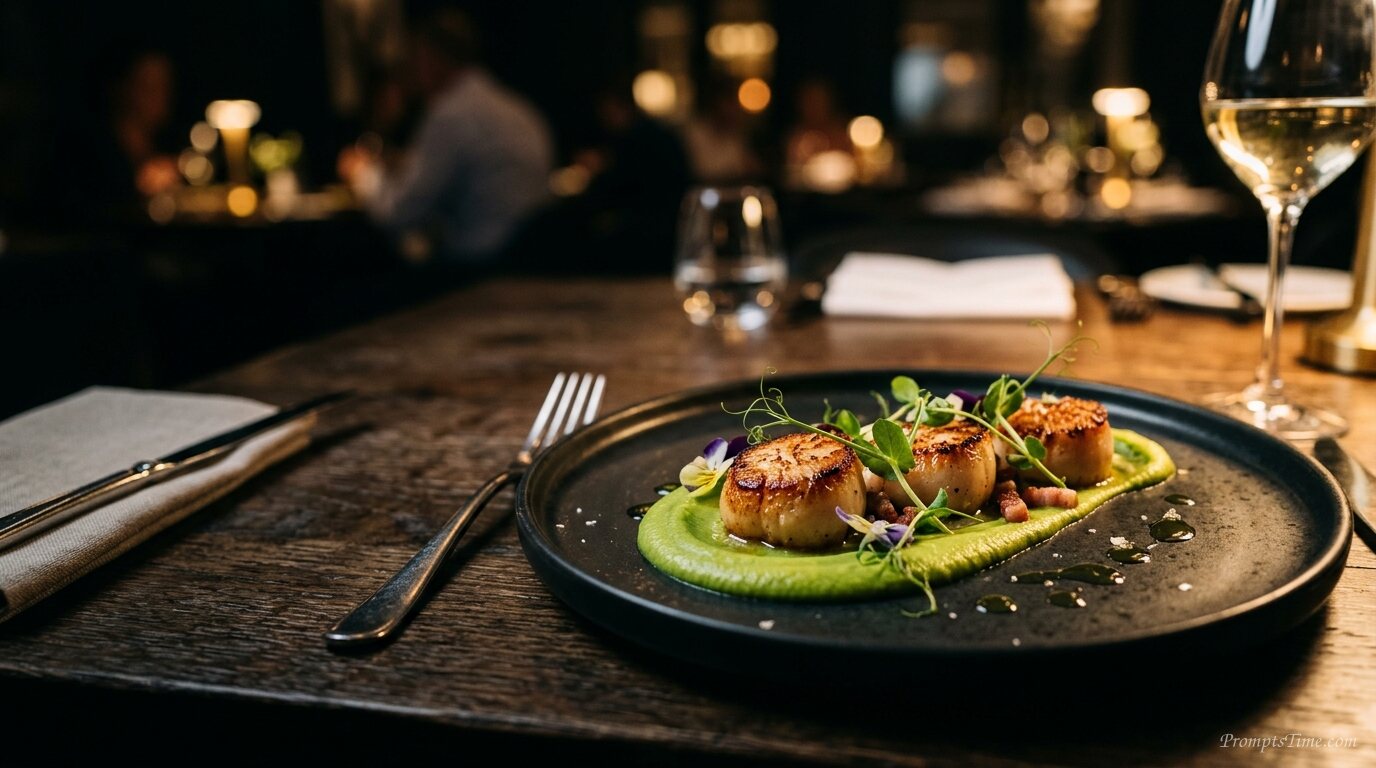 Pan seared scallops with pea puree — AI-generated images image