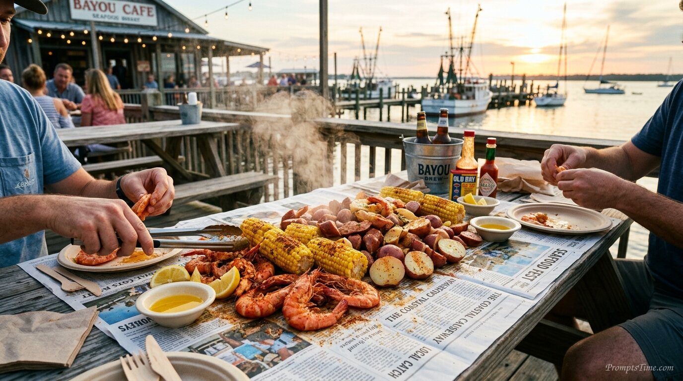 Seafood boil on newspaper table — AI-generated images image