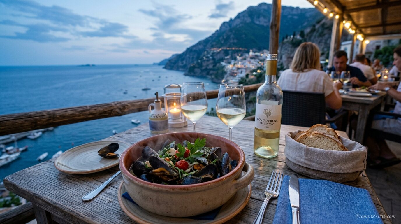 Table set with steamed mussels — AI-generated images image