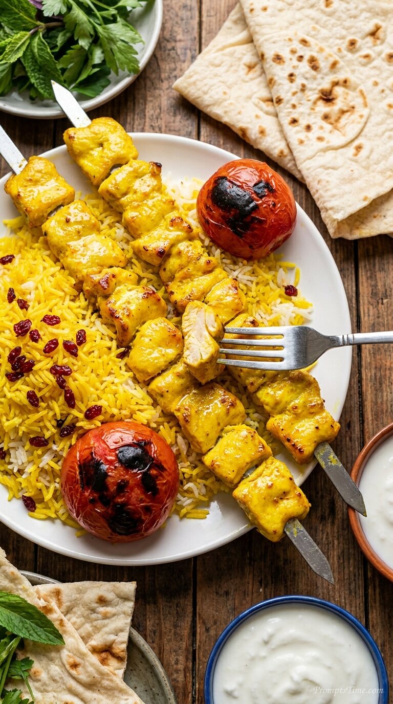 Fork lifting saffron chicken kebab — AI-generated images image