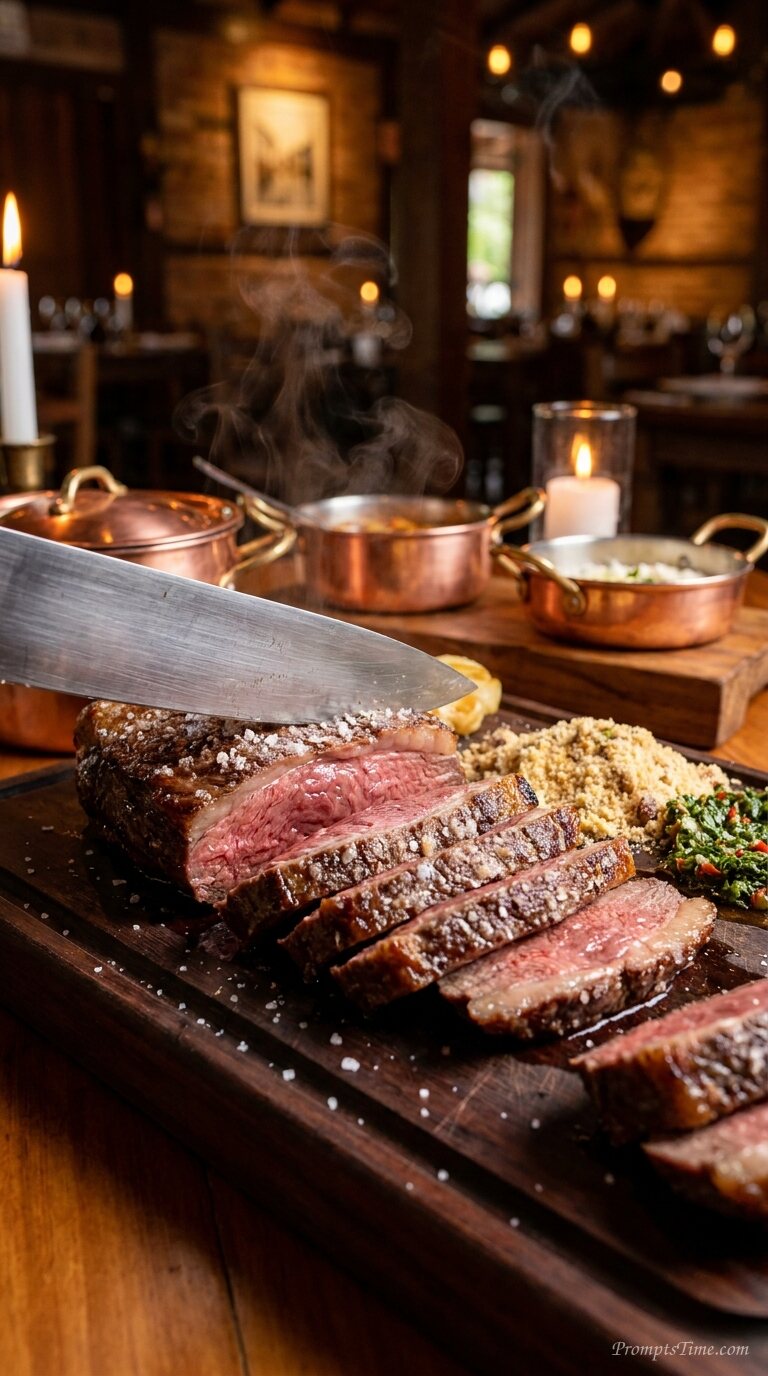 Slicing grilled beef steak platter — AI-generated images image