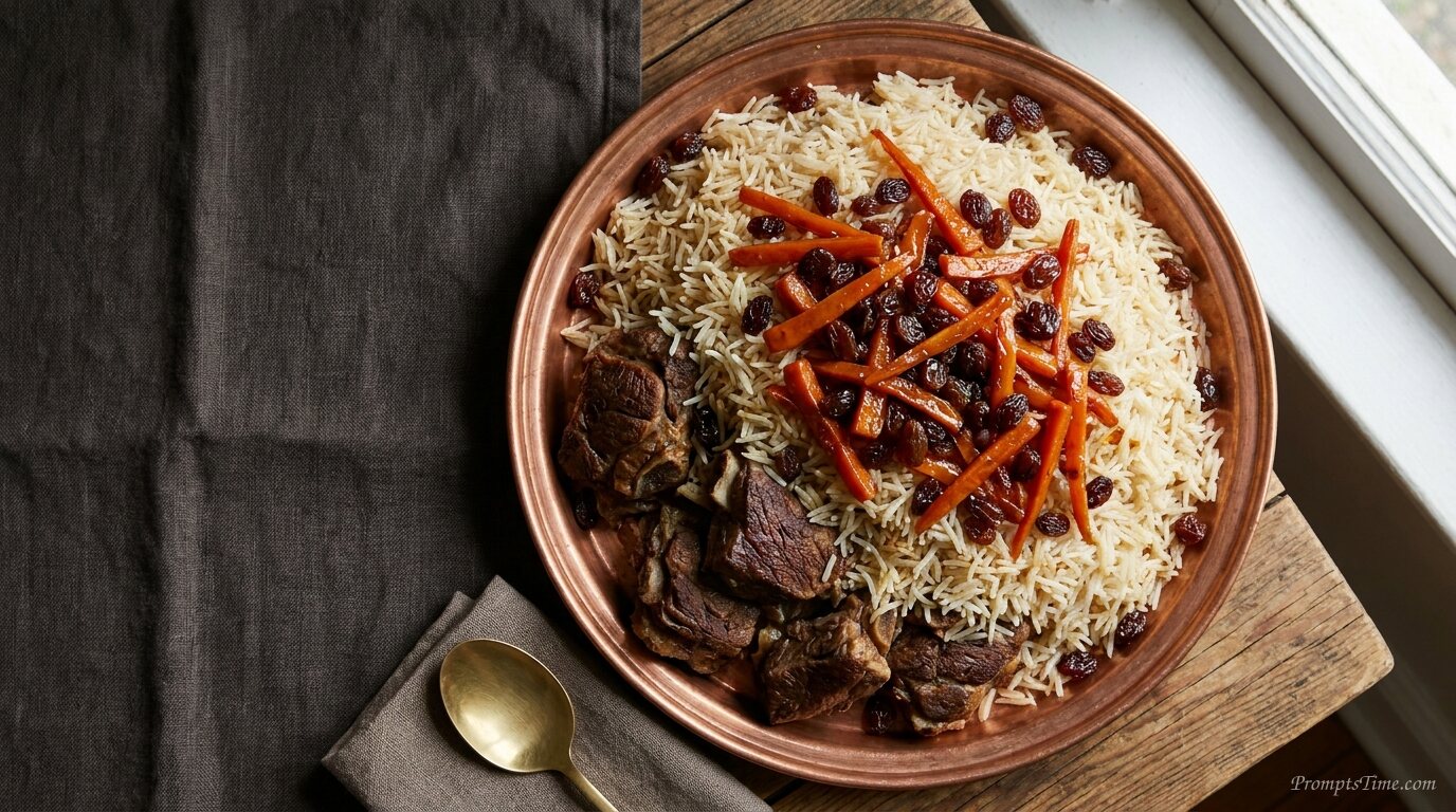 Afghan lamb kabuli pulao served — AI-generated images image