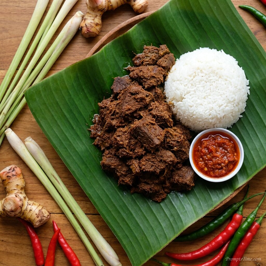 Indonesian beef rendang with rice — AI-generated images image