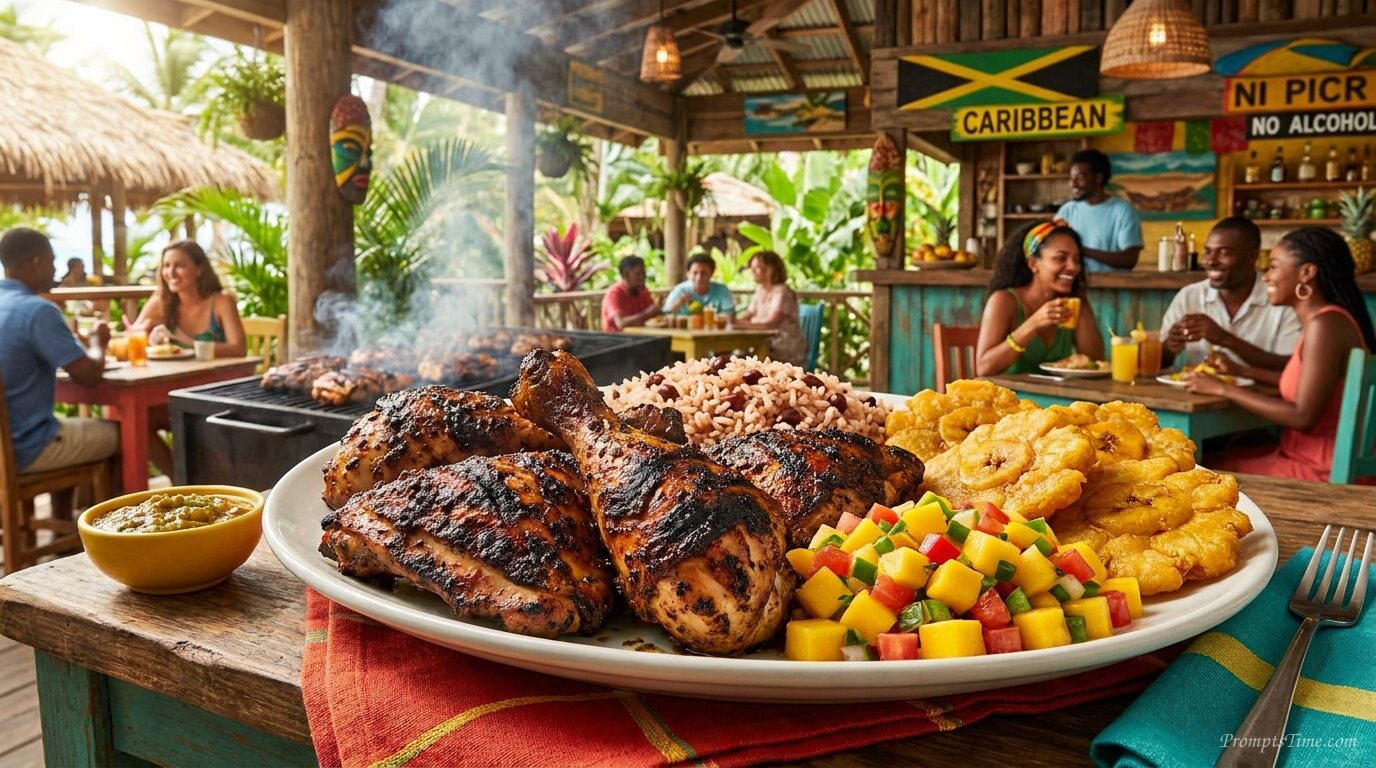 Jamaican jerk chicken served wit… — AI-generated images image