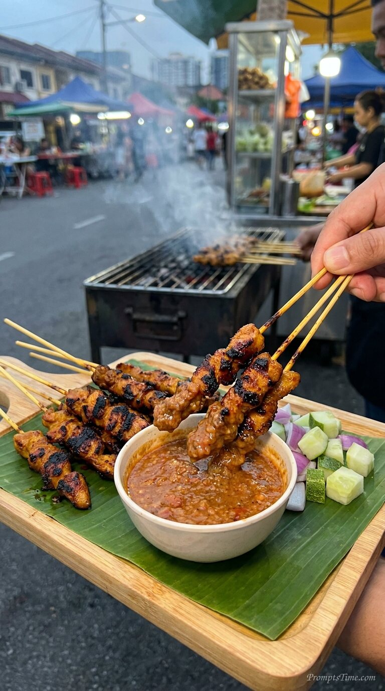 Dipping chicken satay into sauce — AI-generated images image
