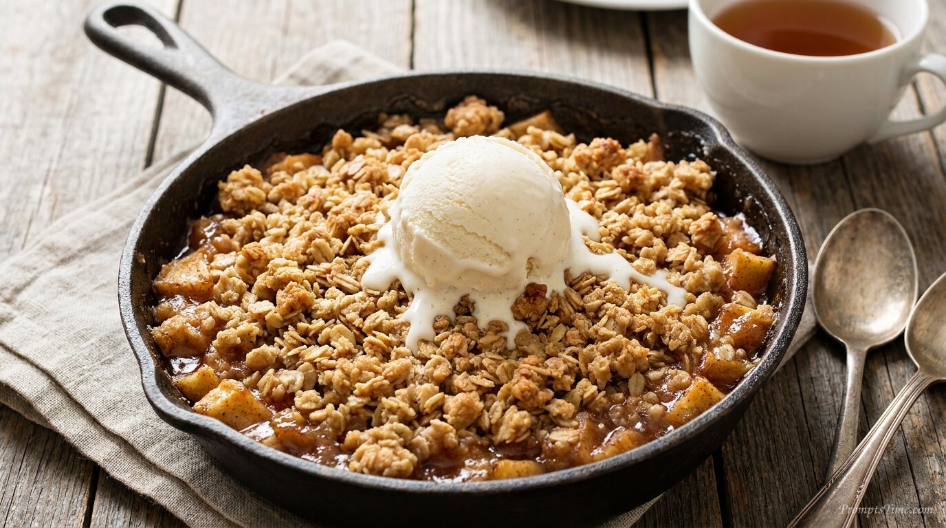 Apple crumble in rustic skillet — AI-generated images image