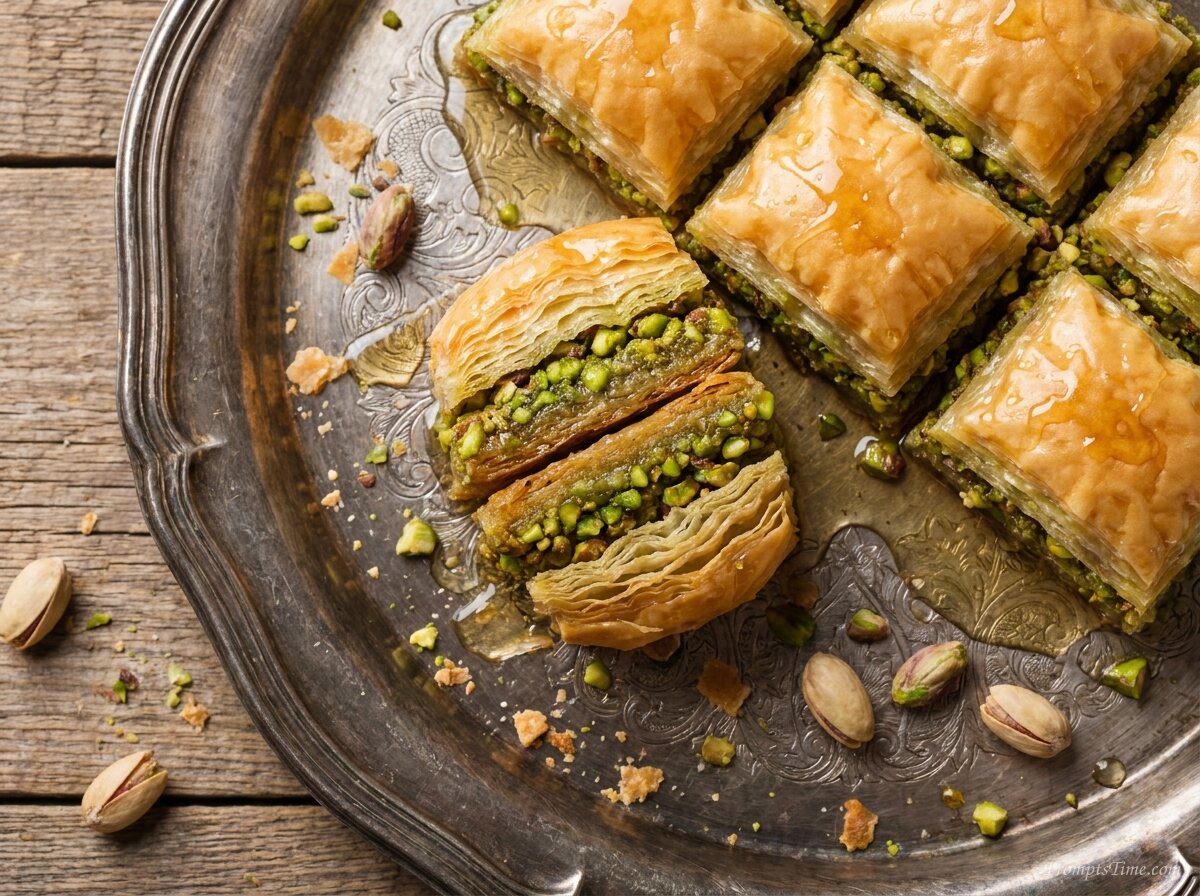 Pistachio baklava on silver tray — AI-generated images image