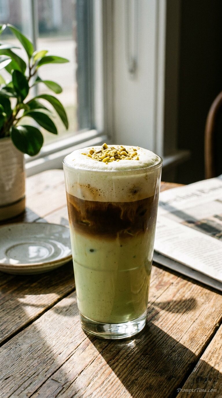 Pistachio latte in tall glass — AI-generated images image