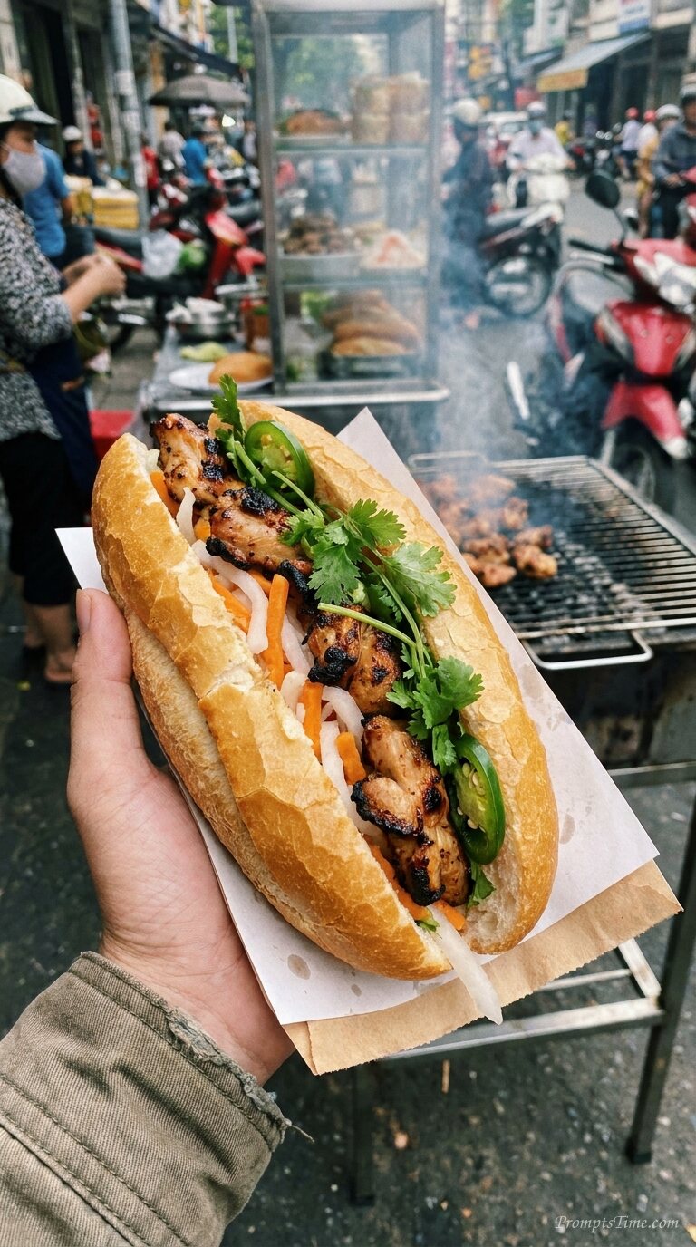 Hand holding chicken banh mi — AI-generated images image