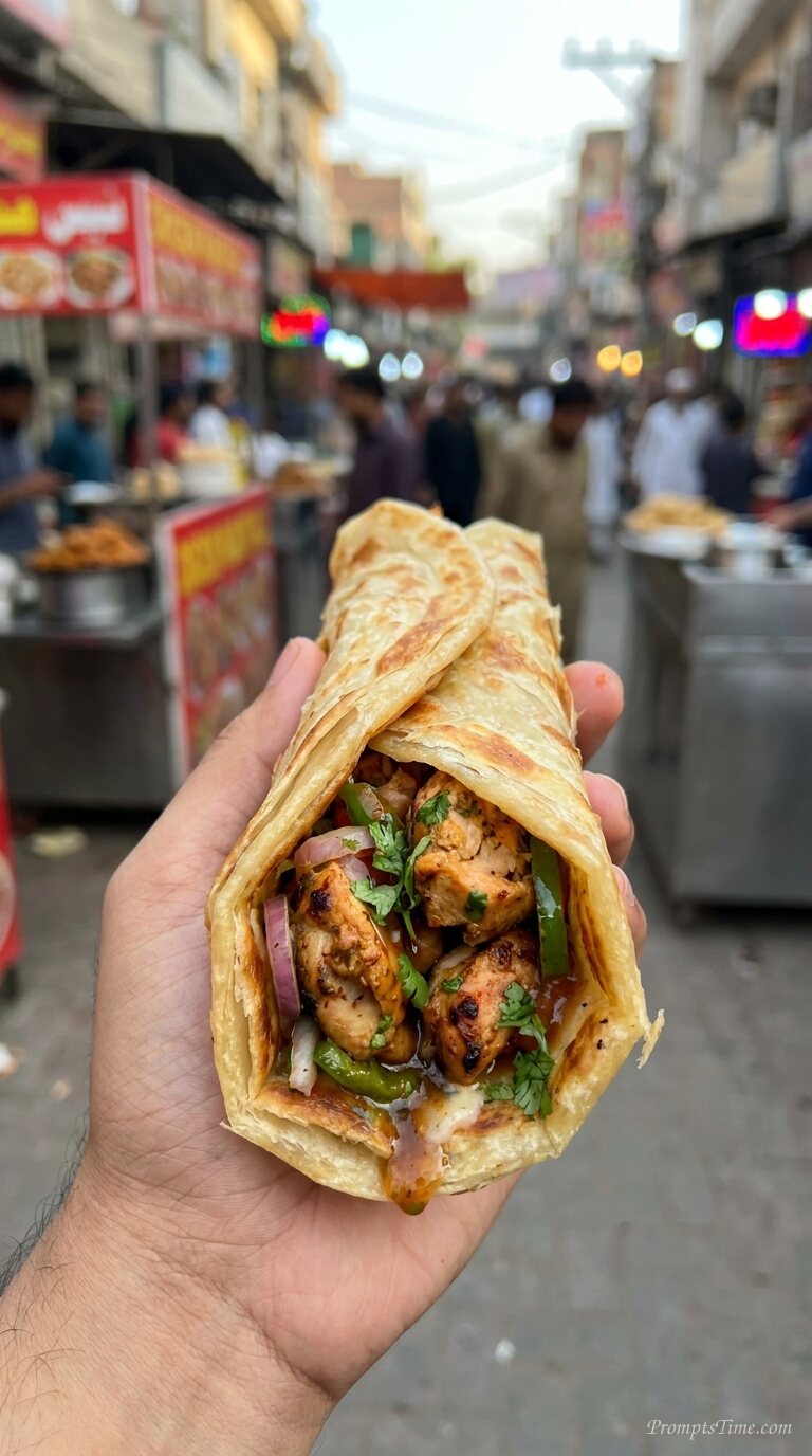 Hand holding chicken paratha roll — AI-generated images image