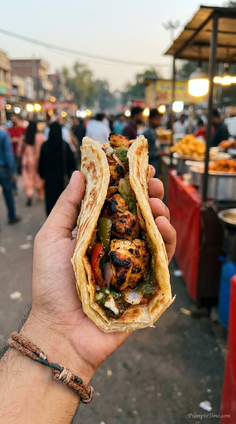 Hand holding chicken paratha roll 2 — AI-generated images image