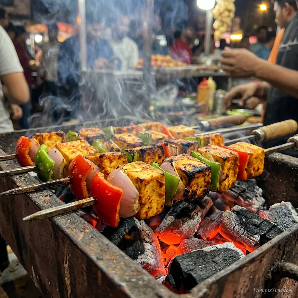 Paneer tikka sizzling on charcoal — AI-generated images image