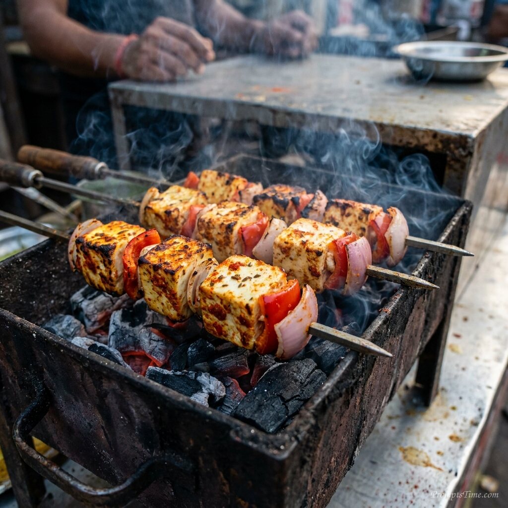 Paneer tikka sizzling over charcoal — AI-generated images image