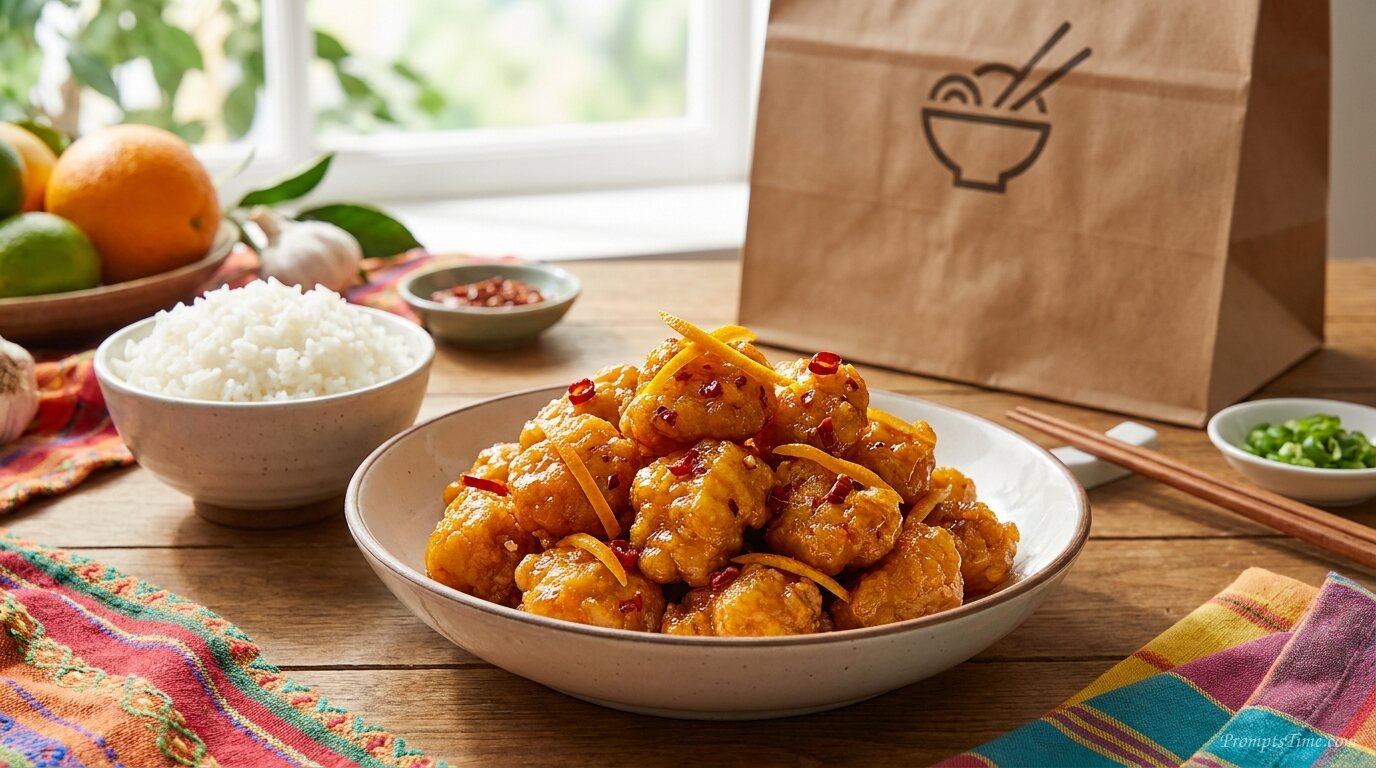 Orange chicken on dinner table — AI-generated images image