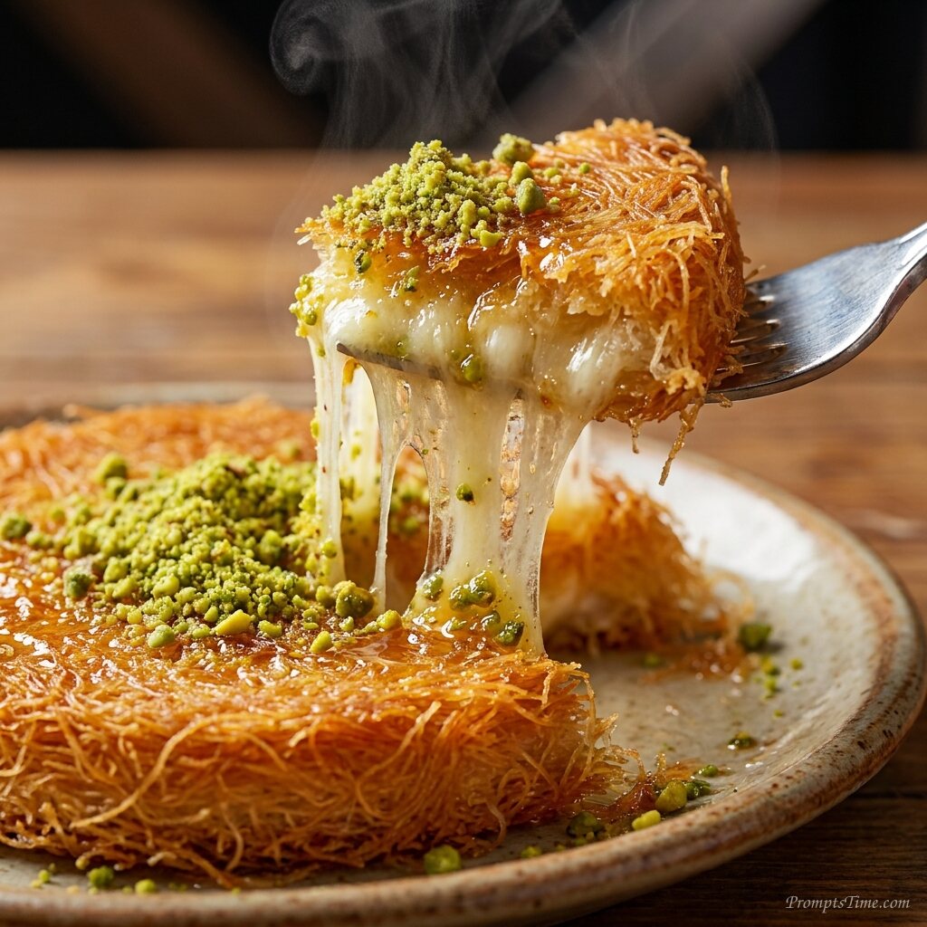 Lifting pistachio kunafa with fork — AI-generated images image