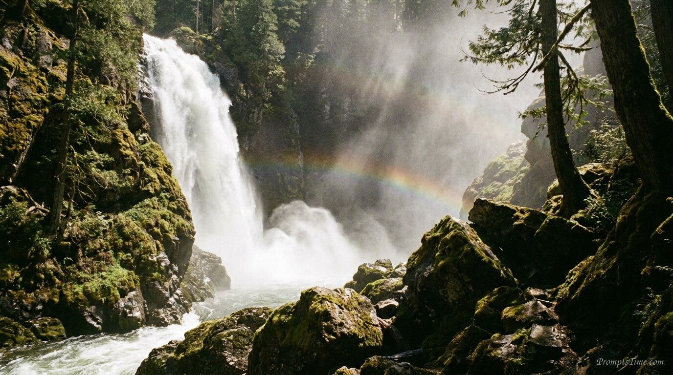 Waterfall creating mist and rainbow — AI-generated images image