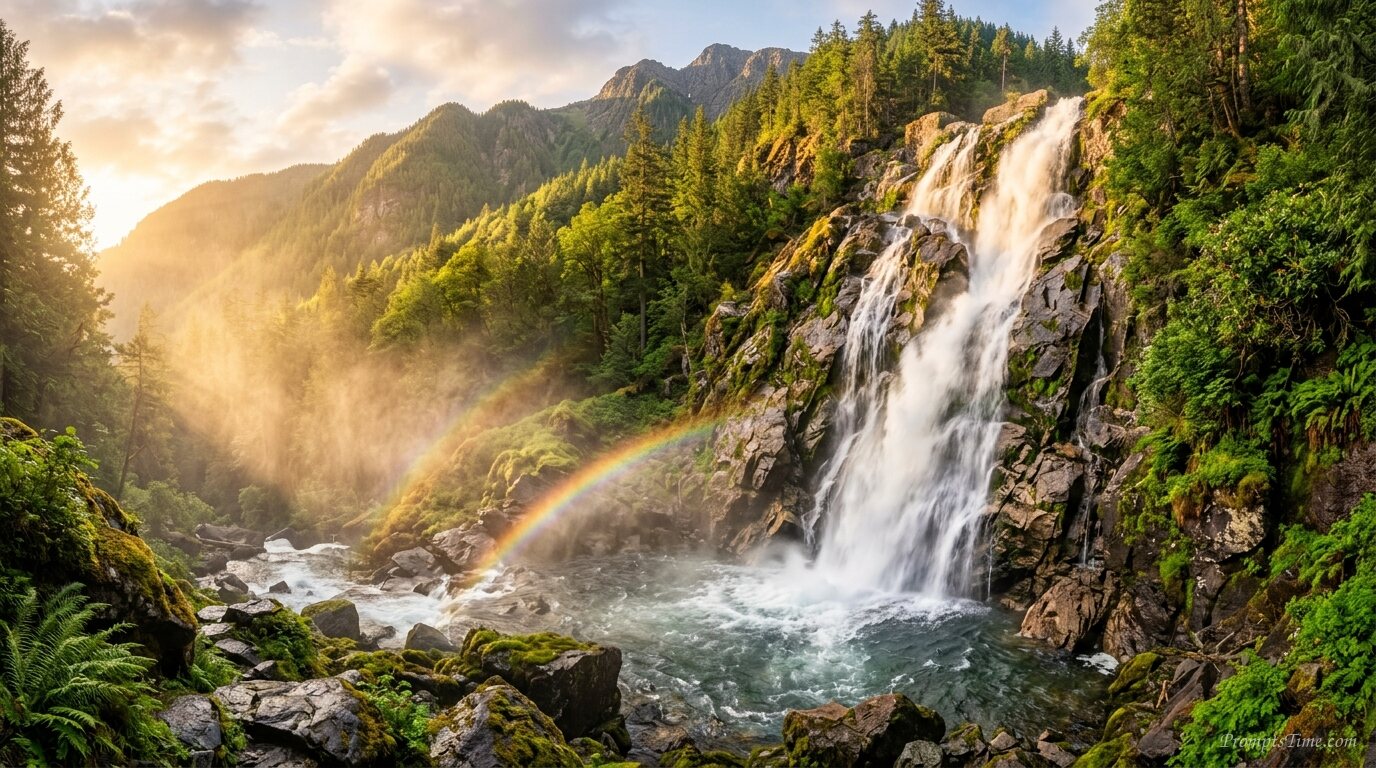 Waterfall in morning sunlight — AI-generated images image
