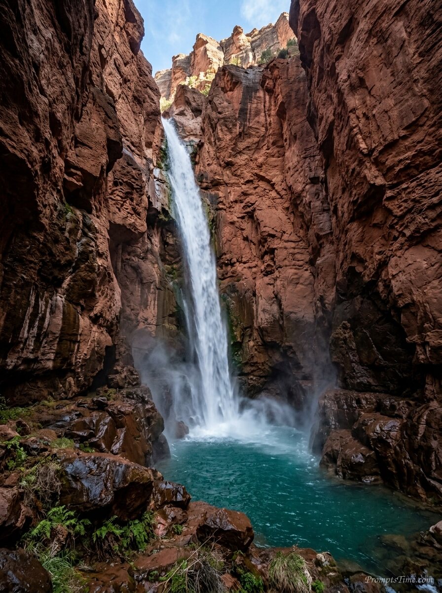 Waterfall dropping into desert pool — AI-generated images image