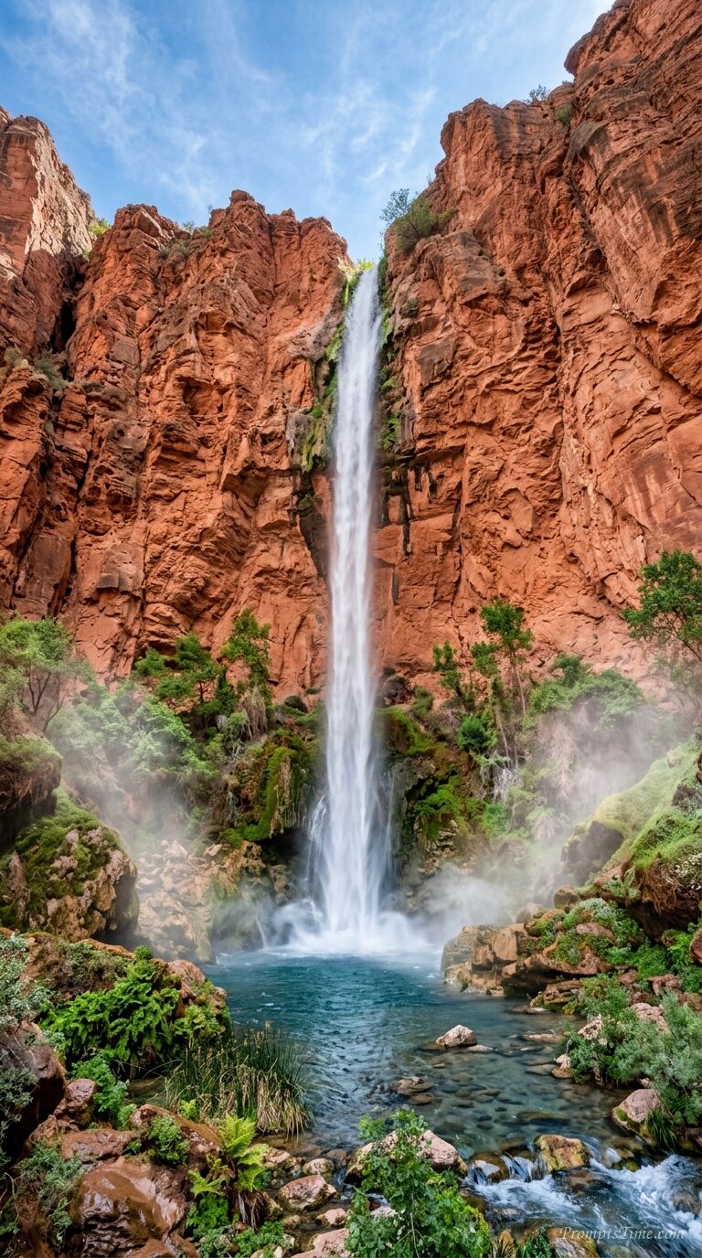 Waterfall falling from red rock — AI-generated images image