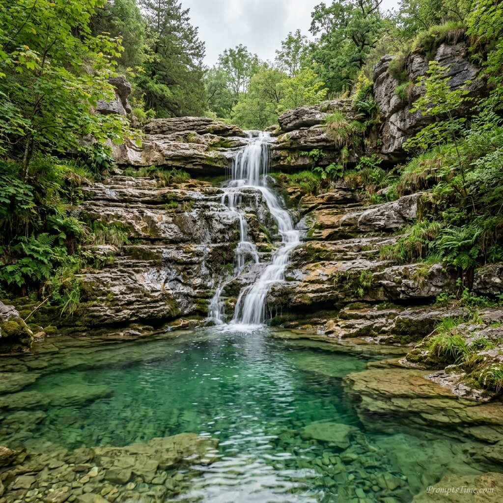 Waterfall flowing over limestone… — AI-generated images image