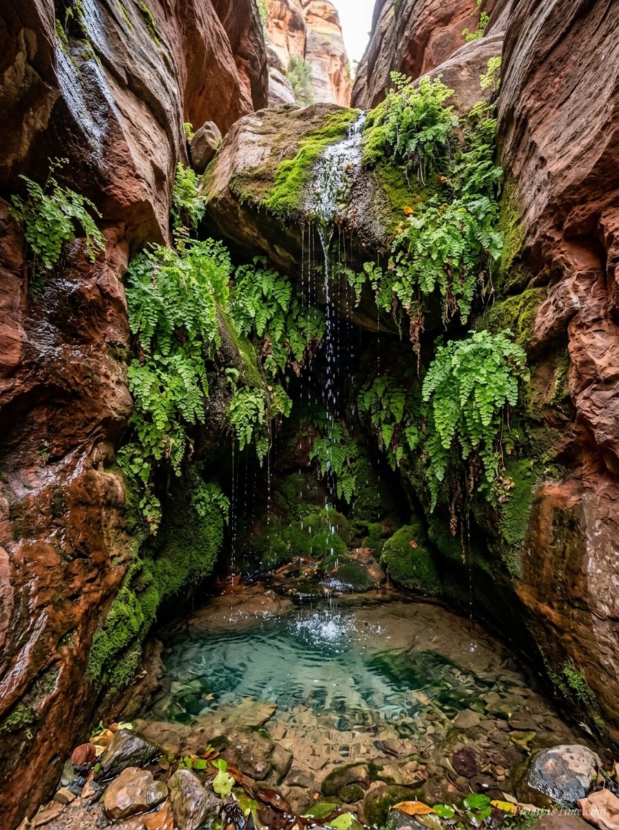 Water dripping into canyon pool — AI-generated images image