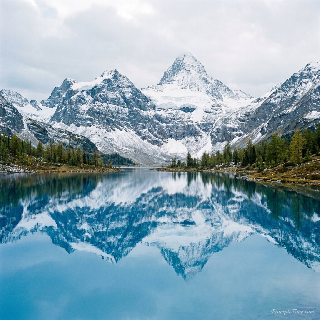 Alpine lake reflecting snowy mou… — AI-generated images image