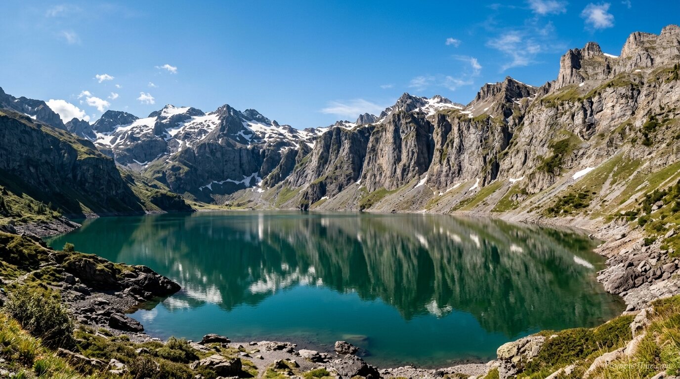 Alpine lake with rocky cliffs — AI-generated images image