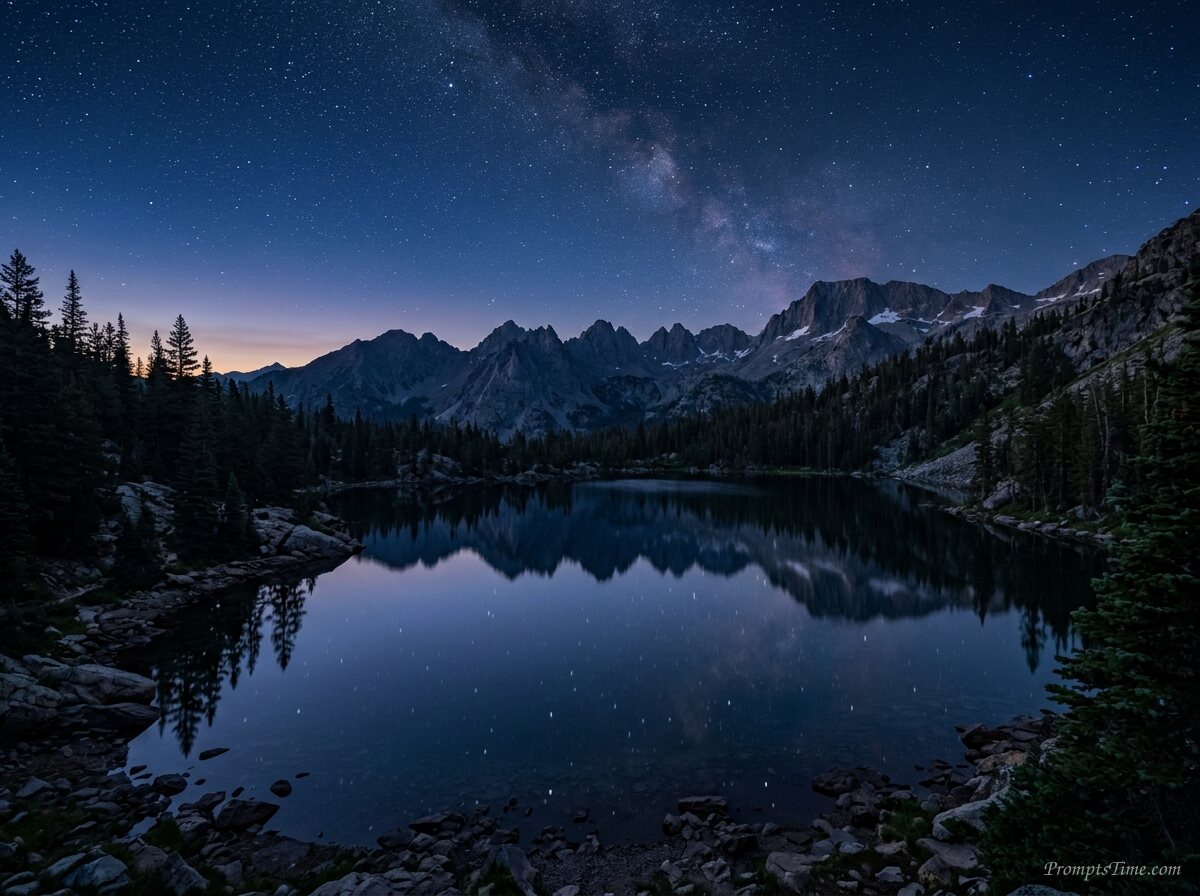 Mountain lake beneath starry sky — AI-generated images image