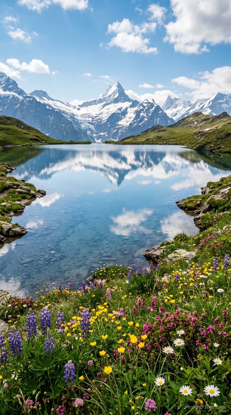 Mountain lake reflecting peaks — AI-generated images image
