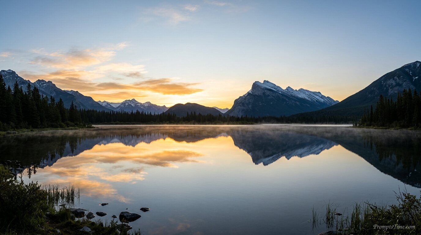 Calm lake at dawn — AI-generated images image