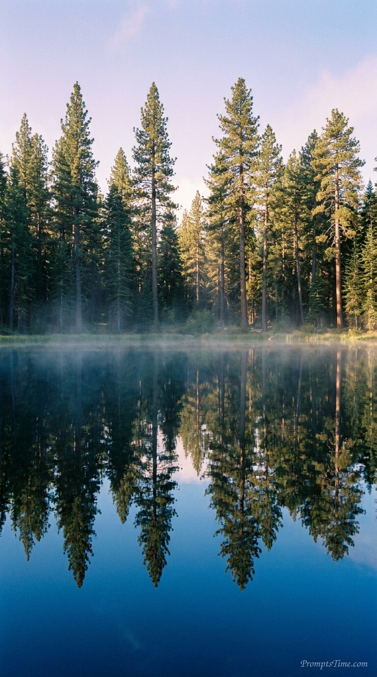 Peaceful blue lake pine forest — AI-generated images image